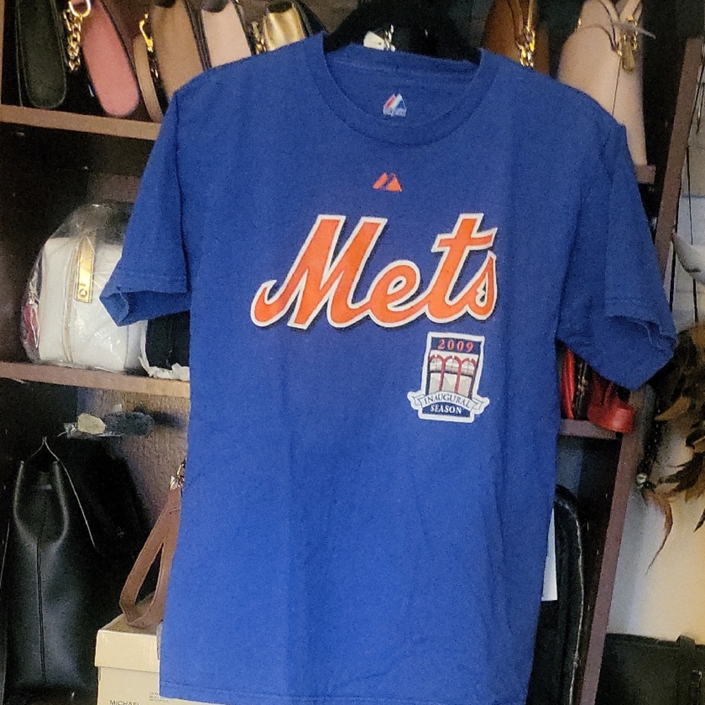 Majestic Blue Tee with Orange Mets Script 75 Rodriguez